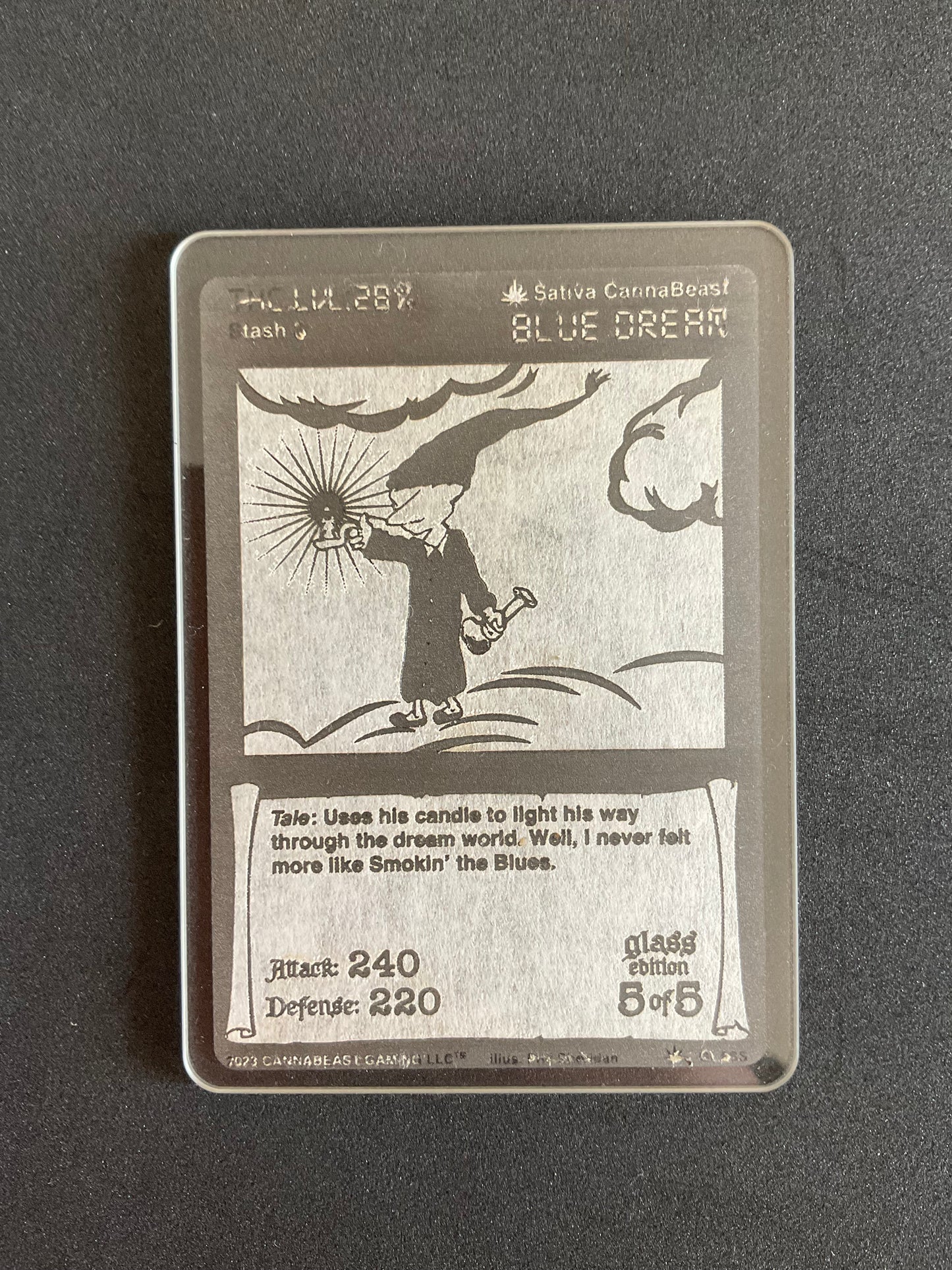 Prototype Blue Dream Glass Card With Stencil On From Production.