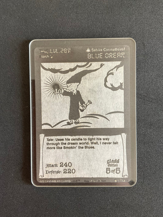 Prototype Blue Dream Glass Card With Stencil On From Production.
